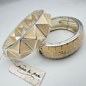 Anna & Ava Cream Silver Geometric Pyramid Enamel Hinged Bangle Bracelet Set 2pcs
